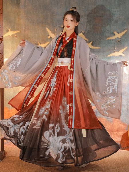 Image of Abito Lolita in stile cinese Set 3 pezzi Abito lungo Lolita in poliestere a maniche lunghe rosso
