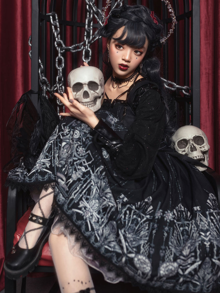 Image of Gothic Lolita OP Dress 2 pezzi Set senza maniche in poliestere JSK Dark Lolita Jumper Skirt Outfit