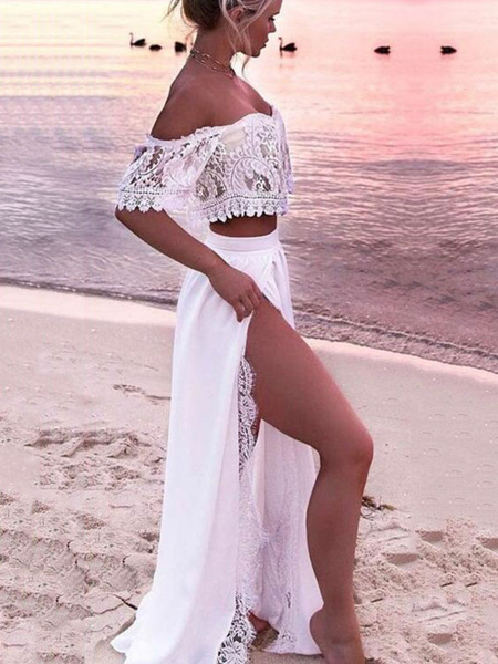 Women White Beachwear Two Piece Set Off The Shoulder Lace Bardot Top With Maxi Skirt