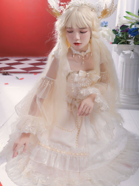 Sweet Lolita JSK Dress 3 Pieces Set White Sleeveless Lace UpÂ Bows Lolita Jumper Skirts