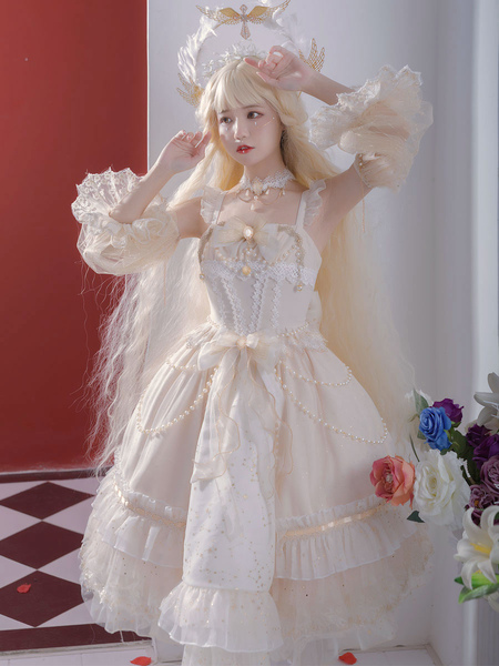Sweet Lolita JSK Dress 3 Pieces Set White Sleeveless Lace UpÃ‚Â Bows Lolita Jumper Skirts