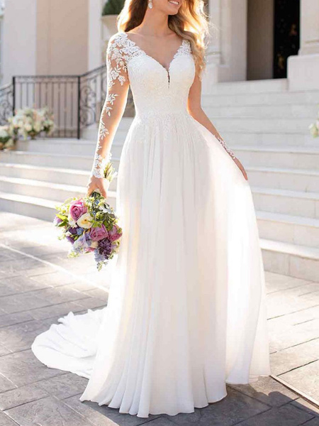 Milanoo Lace Wedding Dresses 2021 chiffon v neck a line long sleeve lace applique beach wedding brid