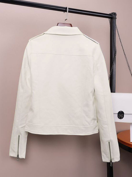 White Moto Jacket Turndown Collar PU Leather Spring Outerwear For Women