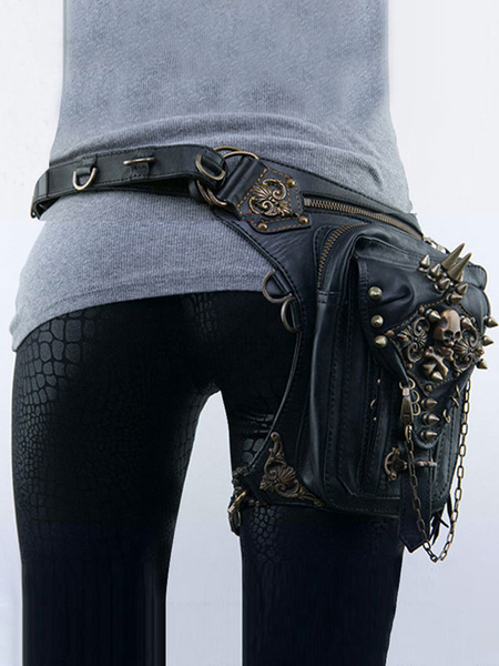 Image of Steampunk Lolita Handbag Black PU Leather Rivets Skeleton Waist Pack Accessori Lolita gotici