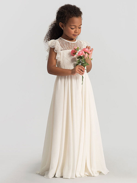 

Milanoo Flower Girl Dresses Jewel Neck Sleeveless Pleated Formal Kids Pageant Dresses, Ivory;white