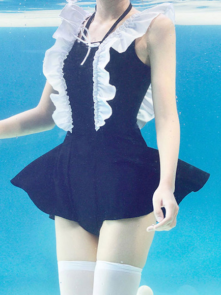 Milanoo Sweet Lolita Outfits Black Lace Up Ruffles Sleeveless Lolita Swimming Suit