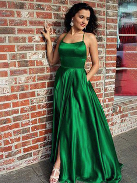 Maxi Dresses Sleeveless Dark Green Straps Neck Split Front Polyester Floor Length Dress