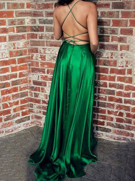 Maxi Dresses Sleeveless Dark Green Straps Neck Split Front Polyester Floor Length Dress