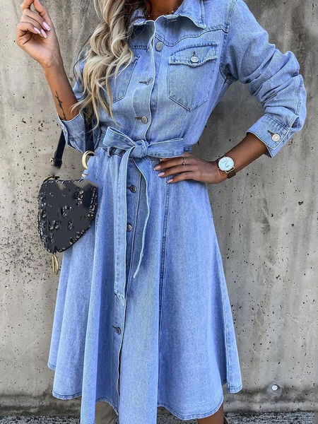 Skater Dresses Turndown Collar Long Sleeves Buttons Oversized Casual Maxi Fit And Flare Dress