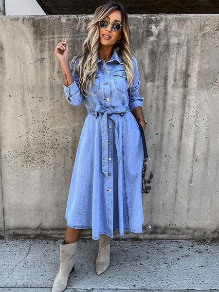 Skater Dresses Turndown Collar Long Sleeves Buttons Oversized Casual Maxi Fit And Flare Dress