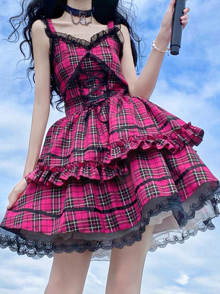 Milanoo Idol clothes Lolita JSK Dress Rose Red Plaid Print Pattern Ruffles Bows Sweet Lolita Jumper