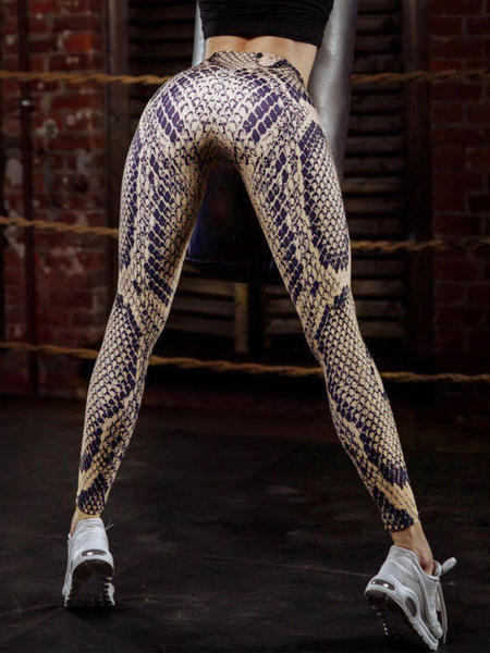 Milanoo Leggings Gym Femmes 2021 Serpent Imprimé Taille Élastique Marron Leggings Yoga