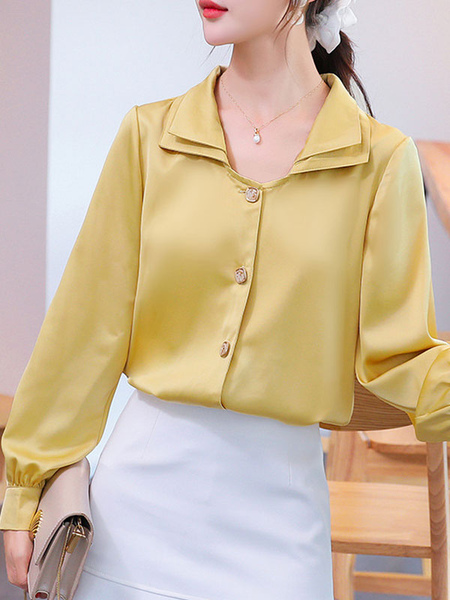 

Milanoo Blouse For Women 2021 Yellow Ruffles Turndown Collar Sexy Long Sleeves Polyester Tops, White
