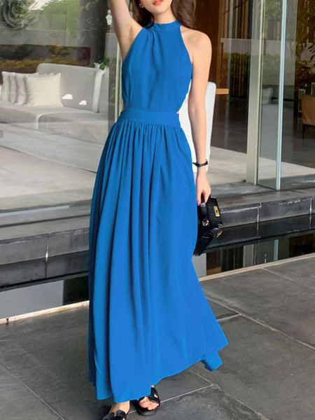 Milanoo Maxi Dresses Jewel Neck Sleeveless Blue Polyester Long Dress