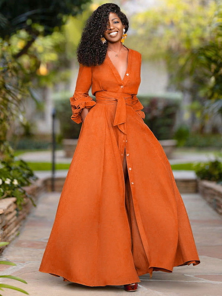 Milanoo Women Orange Maxi Dresses Long Sleeves V-Neck Sash Layered Polyester Long Dress