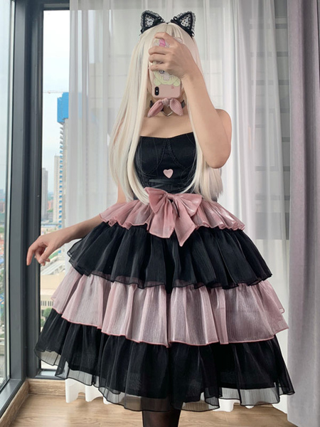 Milanoo Sweet Lolita JSK Dress Polyester Sleeveless Black Pink Ruffles Bows Tiered Lolita Jumper Ski