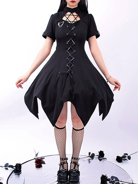 Image of Pre-sale Gothic Lolita Op Dress Black Manica corta Ruffles Lace Up Black Lolita One Piece Dress