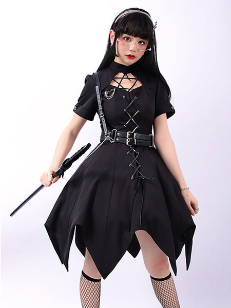 Milanoo Pre-Sale Gothic Lolita OP Dress Black Short Sleeves Ruffles Lace Up Black Lolita One Piece D