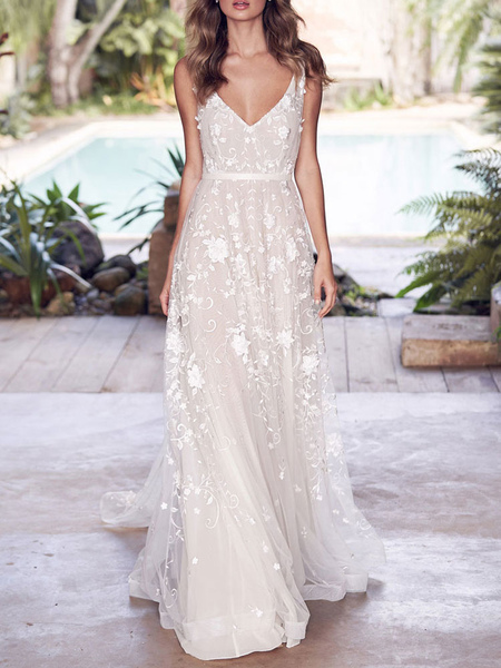 Milanoo Wedding Dress With Train A Line Sleeveless Lace V Neck Bridal Gowns