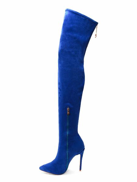Milanoo Over The Knee Boots Micro Suede Upper Blue Pointed Toe Stiletto Heel Thigh High Boots