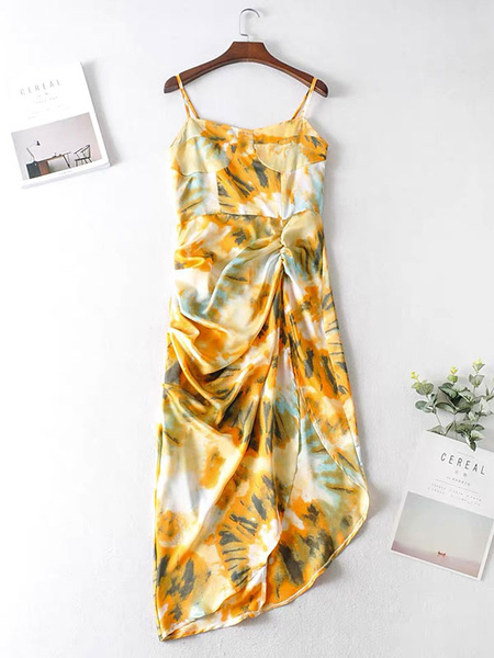 Summer Dress Straps Neck Floral Printed Pattern Pleated Backless Beige Beach Midi Dress