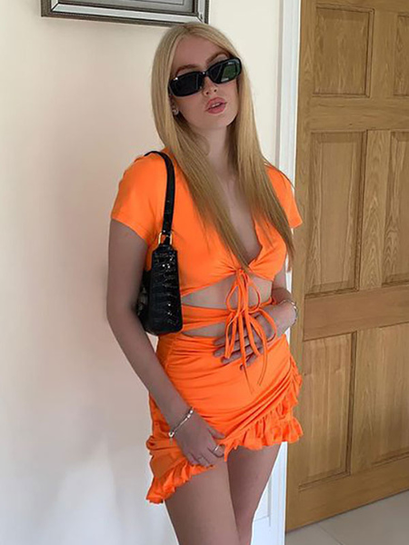 Milanoo Women Bodycon Dresses Orange Short Sleeves Pleated Casual Sheath Dress