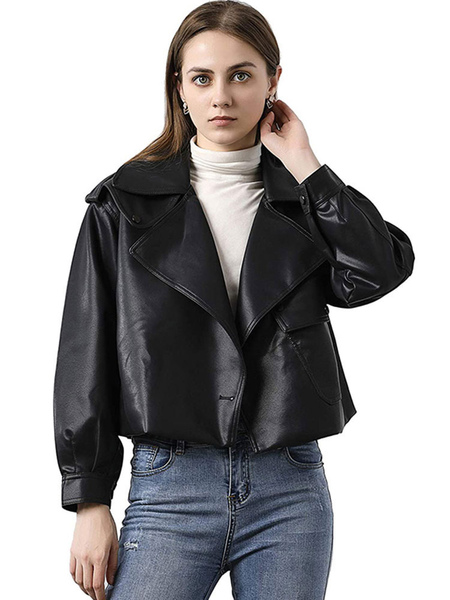 Milanoo Women White Jackets Leather Turndown Collar Long Sleeve Winter Jacket