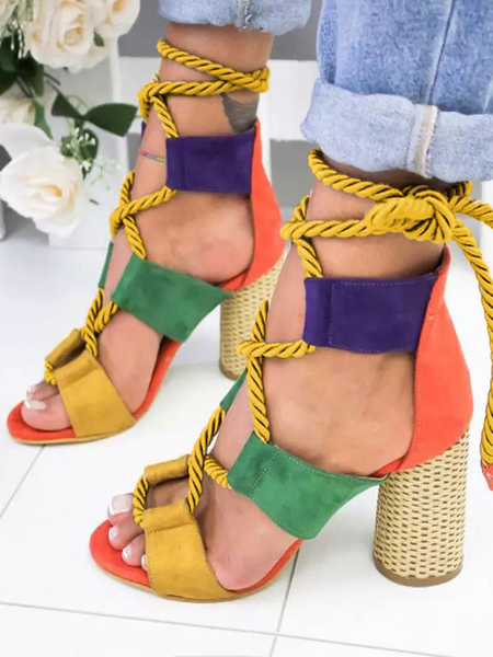 Milanoo Women's Orange Suede Gladiator Sandals Chunky Heel Lace Up Sandals