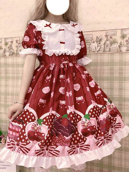 Image of Abito dolce Lolita OP stampato con fiocchi rossi arricciati Lolita One Piece Dresses