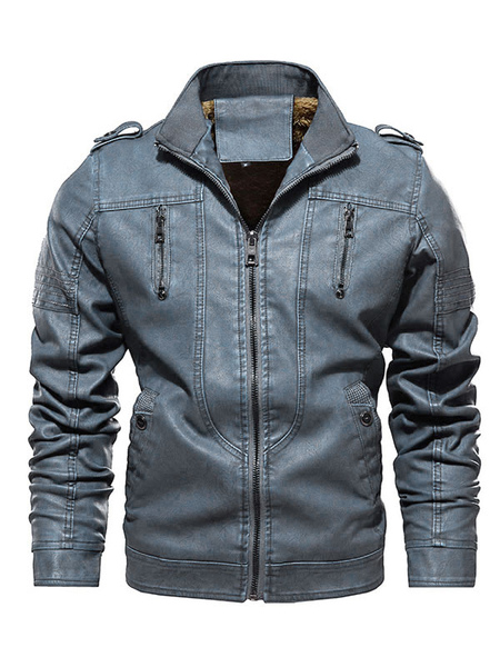 veste en cuir pour homme coupe-vent à glissière simple superposé élégant printemps bleu éblouissant