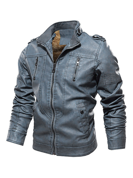 Milanoo Leather Jacket for Man Simple Layered Zipper Windbreaker Stylish Spring Dazzling Blue