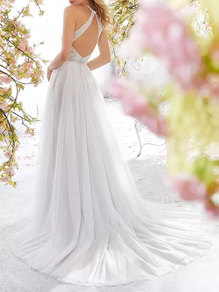 White Maxi Dress For Women Jewel Neck Sleeveless Polyester Long Dress