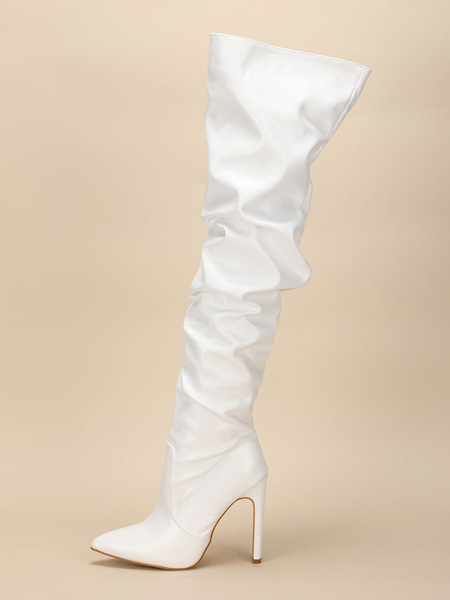 Image of Stivali sopra il ginocchio da donna Stivali alti alla coscia bianchi in pelle PU con tacco grosso e punta a punta