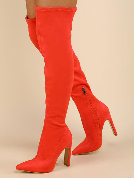 Image of Donne sopra gli stivali del ginocchio Chunky Heel in tessuto elasticizzato in tessuto arancione stivali alti