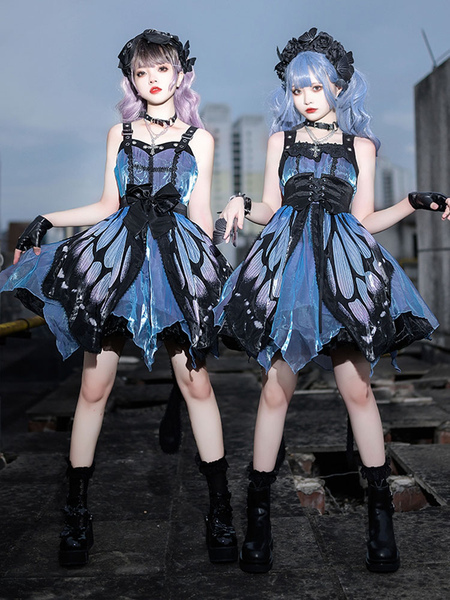 Image of Abito punk gotico Lolita farfalla JSK abito senza maniche con fiocchi gonna blu Lolita