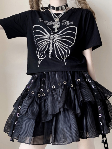 Image of Lolita T shirt per le donne nero farfalla modello corto maniche corte poliestere gothic lolita blusa
