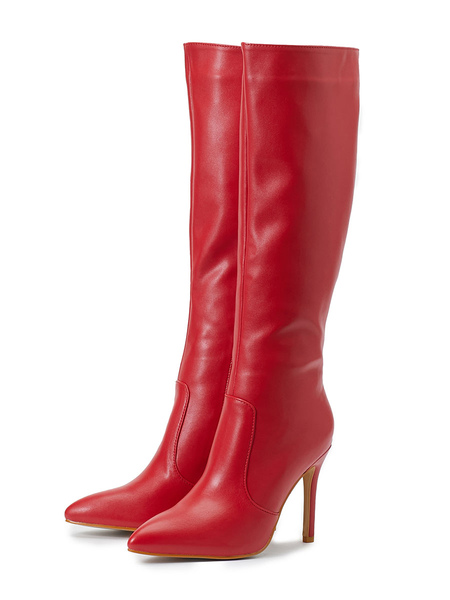 Image of Stivali da donna Stivali al ginocchio rossi in pelle PU con tacco a spillo con tacco a spillo
