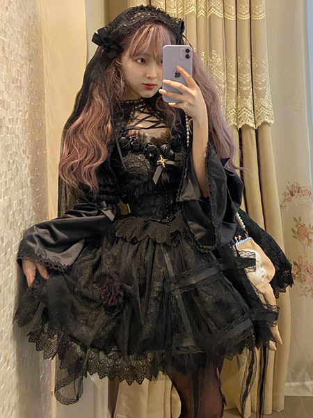 Image of Gothic Lolita Rose Cage Cla Abiti eleganti in rete a rilievo Gonna in maglione Lolita nera senza maniche in pizzo