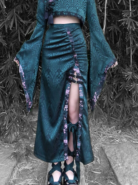 milanoo.com Grommets Lolita Skirt Dark Green Floral Print Lolita Skirts