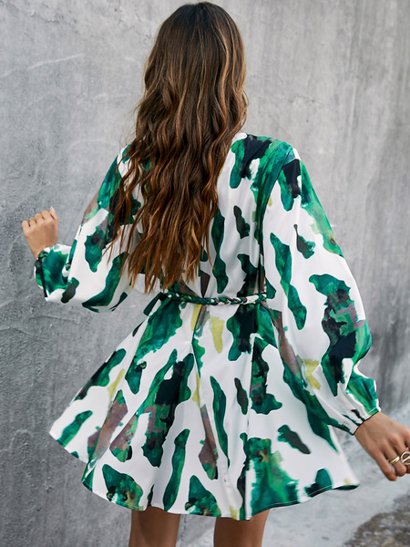 Skater Dresses Printed Polyester Jewel Neck Sash Green Sexy Long Sleeves Fit And Flare Dress