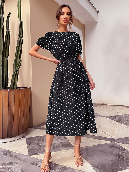Polka Dot Polyester Classic Jewel Neck Short Sleeves Midi Dress