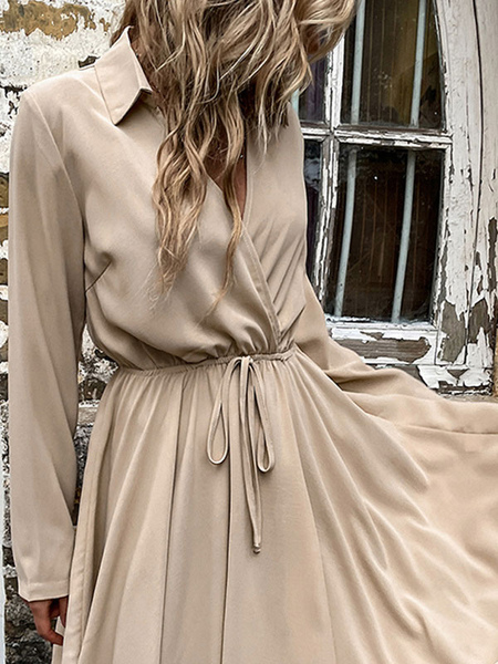 Skater Dresses V-Neck Long Sleeves Casual Fit And Flare Dress