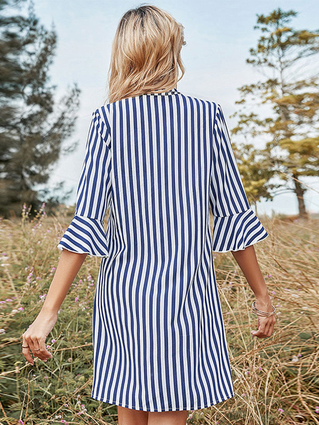 Shift Dresses Fabulous Blue Turndown Collar Polyester Stripes Woman’s Tunic Dress