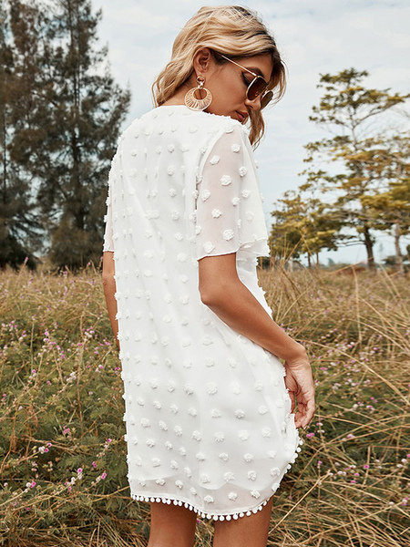 Summer Dress V-Neck White Knee Length Beach Dress