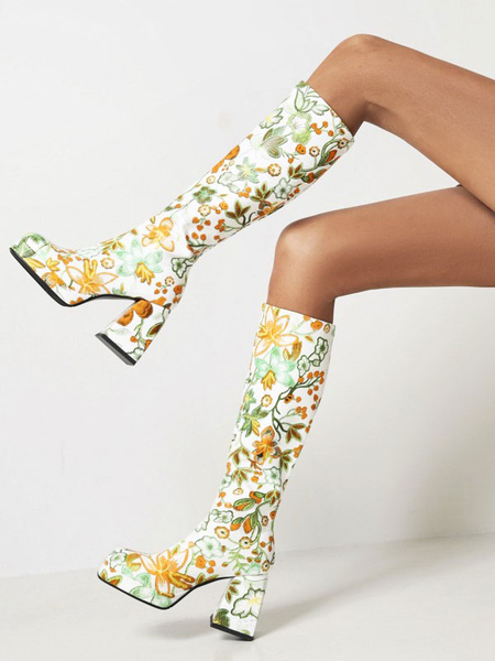 Image of Stivali al ginocchio da donna con plateau e tacco largo con stampa floreale