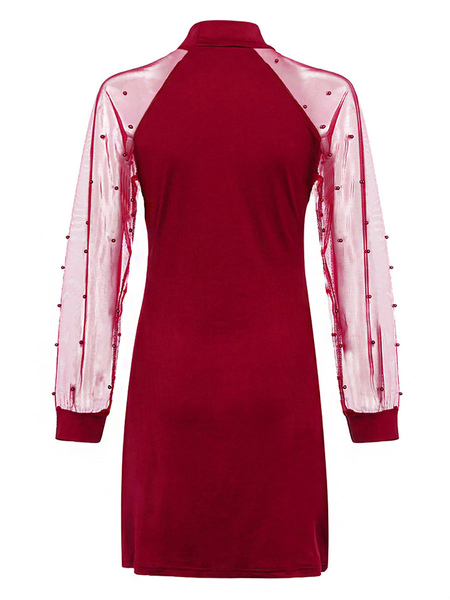 Mini Dresses Burgundy Long Sleeves Polyester Short Dress