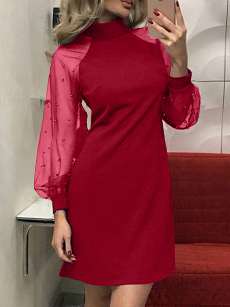 Mini Dresses Burgundy Long Sleeves Polyester Short Dress