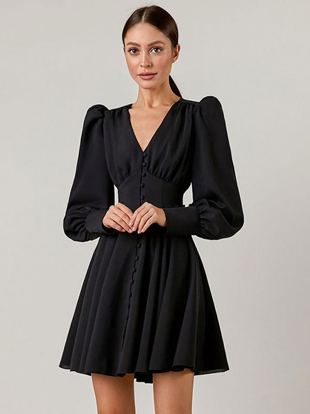 Party Dresses Black V-Neck Long Sleeves Semi Formal Dress