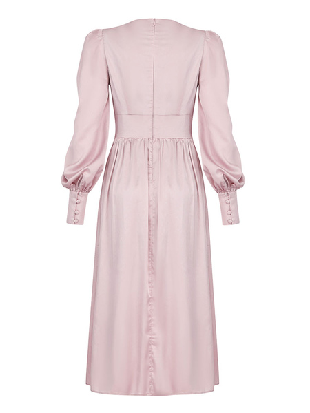 Party Dresses Lotus Pink V-Neck Zipper Long Sleeves Open Shoulder Semi Formal Dress