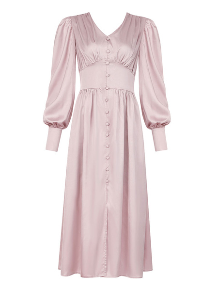 Party Dresses Lotus Pink V-Neck Zipper Long Sleeves Open Shoulder Semi Formal Dress